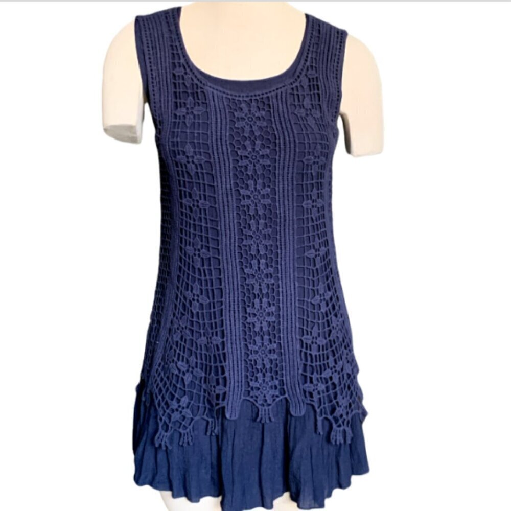 Michael Farrell Crochet Gauze Sleeveless Tunic Top‎ Blue Sz S #27i